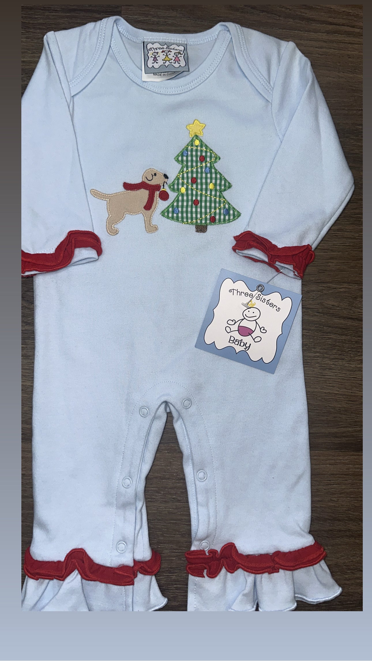 “Three sister Baby” Christmas 🎄 and puppy appliqué Romper