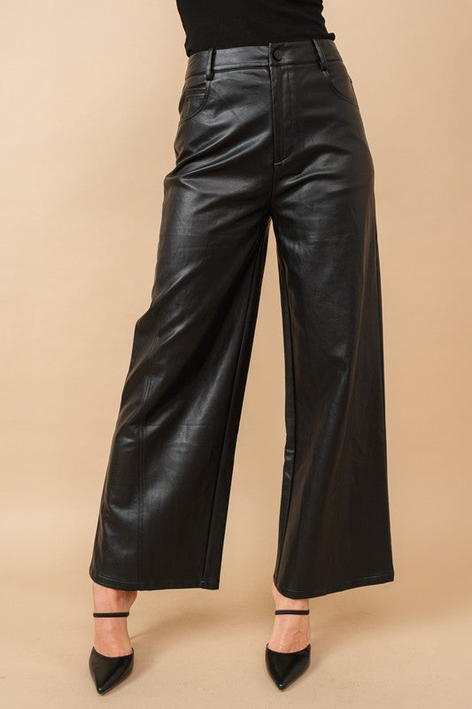 Wide leg high rise Black leather pants