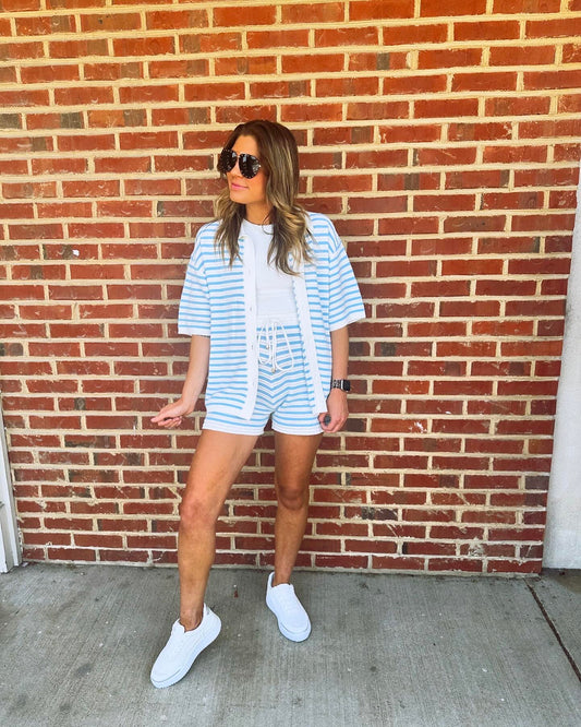 “Asher” DROP SHOULDER 1/2 SLV STRIPED SWEATER KNIT OVERSIZED SUMMER BUTTON DOWN SHIRT