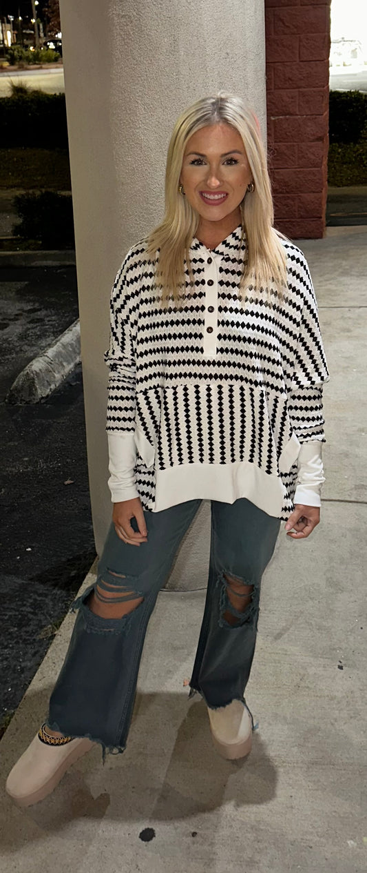 Long sleeve Black and white striped contrast oversized Hoodie