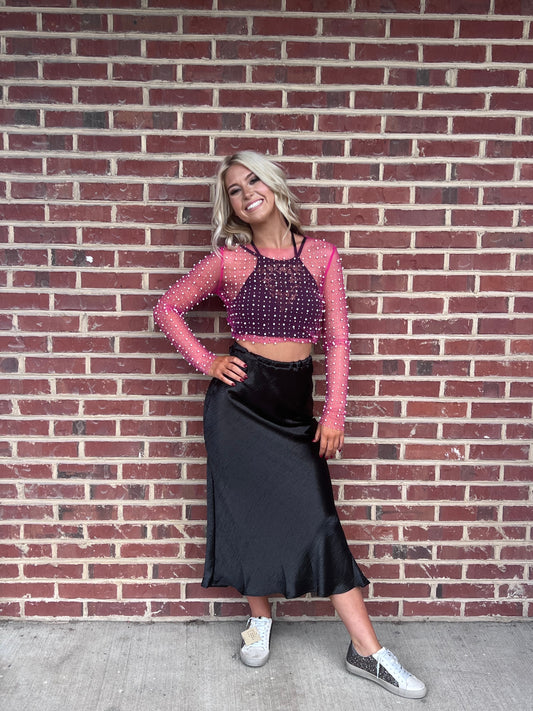 Mesh pearl sequin top pink