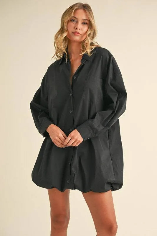 BLACK 🖤Oversized Bubble Hem Button
Down Shirt Dress